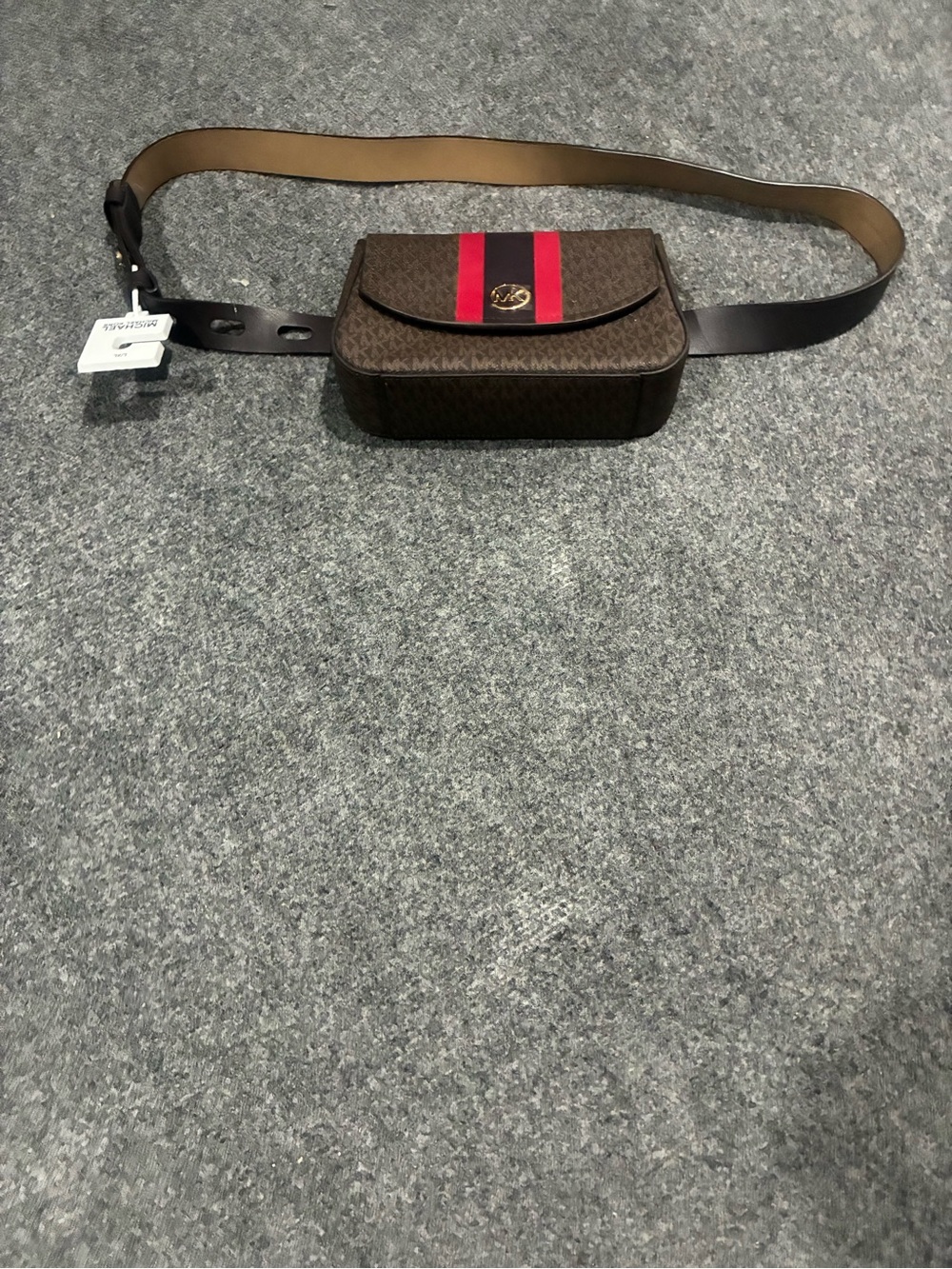 Michael Kors Brown Monogram Belt Bag with Red Stripe